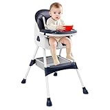 POTYYH Hochstuhl Baby, Klappbar Kinderhochstuhl mit Doppeltablett Babystuhl Kinderstuhl bis 80kg Verstellbare Kombihochstuhl mit 5-Punkt-Gurt für Babys von 6 Monaten bis 6 Jahren, Blau