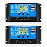2pcs 10A Solar Laderegler,12V/24V Solar Ladegerät Controller,mit Dual USB Port 5V Licht Timer Steuerung LCD Display, Solar Laderegler für Haushalt, Gewerbe, Industrie usw