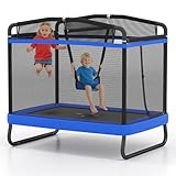 GYMAX Trampolin für Kinder, 177,8 cm, Kleinkind-Rebounder mit abnehmbarer Schaukel, horizontaler Stange und umlaufendem Netz, ASTM-zugelassen, rechteckig, Kindertrampolin für drinnen und draußen