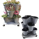 Bama Spa Säulentopf Set stapelbar 3 Ebenen Pflanz Blumen Kräuter Topf Etagere 3er Roller Grau