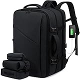 LOVEVOOK 30-40L Handgepäck Rucksack, Supergroßer erweiterbar Reiserucksack Flugzeug, Laptop Rucksack für 17 Zoll Herren Damen, Flug genehmigt Rucksack Anti-Diebstahl, Schwarz