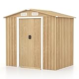 COSTWAY Gerätehaus Metall, Geräteschuppen abschließbar, Gartenhaus mit 4 Luftschlitzen & Schiebetür & Rampe, Garten Schuppen Outdoor, Metallschuppen Geräteschuppen, Natur (196 x 142 x 186 cm)