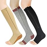 YUSHOW 3 Paar Kompressionsstrümpfe Damen Herren Stützstrümpfe mit Reißverschluss 15-20 mmHg Medizinisch Kompressionssocken Offenen Zehen Compression Socks für Ödeme, Sport, Laufen