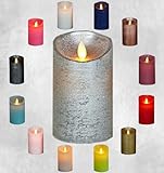 LED Echtwachskerze - Silber Rustik - D7,5cm / H15,0cm - mit Wackelflamme - Batteriebetrieben - Timerfunktion - Weihnachtsdeko