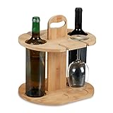 Relaxdays Weinbutler, Bambus, Weinhalter für 2 Flaschen & 4 Gläser, HBT: 30,5x30x25 cm, Geschenk Weinliebhaber, Natur