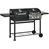 Outsunny Grillwagen Gasgrill mit 2+1 Brenner, Thermometer, 3kW BBQ Holzkohlgrill mit Regal, Seitenablage, Haken, Campinggrill mit Schlauch für Garten, Balkon, Schwarz