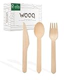 wooq Premium Holzbesteck Set 200-teilig FSC-zertifiziert (100 Holzgabeln, 50 Holzlöffel, 50 Holzmesser Holz Besteck) Einwegbesteck kompostierbar in wiederverschließbarer Pappbox