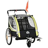 HOMCOM 2 in 1 Kinderfahrradanhänger, Kinderanhänger, Fahrradanhänger mit Mesh-Tür, 360° Drehbares Vorderrad, Buggy mit Bremse, Anhänger, Gelb+Schwarz, 142 x 75 x 101 cm