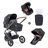 hauck Kombikinderwagen Pacific 3 Shop N Drive für Kinder ab Geburt bis 15 kg, Babywanne umbaubar zum Sportsitz mit Beindecke und Liegefunktion, inkl. Zero Plus Babyschale, Höhenverstellbar (Caviar)