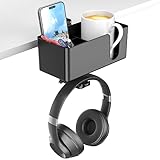 KDD 4 in 1 Getränkehalter Tisch mit Headset Halterung Unterem Schreibtisch Kopfhörer Ständer- Drehbarer Headphone Stand & Abnehmbarer Becherhalter Stiftehalter Organizer für Tasse Handy (Schwarz)