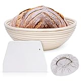 Clheatky Gärkörbchen Rund, ø 25 cm, Höhe 8.5 cm Gärkorb Set Aus Natürlichem Peddigrohr Proofing Basket Brotkörbchen Brotform für Brot Backen Fasst 1kg Teig mit 1 Leineneinsätze(Rund)