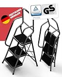 Sicherheitsleiter 3 Stufen Klappbar I TÜV Rheinland Zertifiziert I Belastbar bis 150kg I Anti-Rutsch-Füße und Trittstufen I Trittleiter mit Handlauf I Sicherheitsleiter für Senioren I Anthrazit