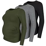 Umstandsshirt 3er Set unifarben Umstandsmode Schwangerschaft Schwangerschaftsshirt, Langarm (Schwarz, Dunkelgrau, Khaki, Medium)