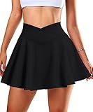 Navneet Tennisrock Hosenrock Damen Faltenrock Minirock Crossover Rock mit Hose drunter Sport Golf Röcke Skirt Verlängert Schwarz M