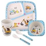 Kindergeschirr Set, 5er Geschirr Set für Kleinkinder, Baby Fütterung Set umfasst Kinderteller, Schüssel, Becher, Löffel, Gabel, Melamin Geschirr Spülmaschinenfest, BPA frei (Baufahrzeug)