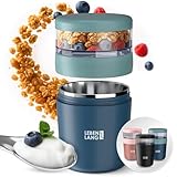 LEBENLANG Müslibecher To Go mit Löffel - Isolierende Edelstahlinnenwand & 650ml I Joghurtbecher to go Müslibecher Müsli to go Becher für Porridge Joghurt Yoghurt Kinder & Erwachsene Unterwegs