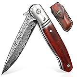 DRAGON RIOT Damast Klappmesser, Hochwertig Taschenmesser aus VG10 Edelstahl Einhandmesser mit Leder Scheide, Damastmesser für Wandern Bushcraft Camping Geschenke für Männer