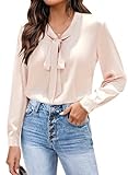 Zeagoo Damen Bluse Satin Seide Elegant V-Ausschnitt Hemden Langarm Casual Arbeit Oberteile mit Schleife Hemd Lose Langarmshirt Champagner M