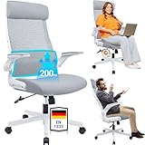 MELOKEA Bürostuhl Ergonomisch mit Verstellbare Kopfstütze, Schreibtischstuhl aus Mesh, Bürostuhl 200kg, Klappbare Armlehnen, Lendenwirbelstütze, Wippfunktion, EN 1335 Computerstuhl, Desk Chair, Grau