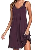 Uniexcosm Nachthemd Damen Ärmelloses Kurz Baumwolle Nachtkleid Spitze V-Ausschnitt Nachtwäsche Sexy rutschfeste Schultergurte Freizeitkleid Sleepwear Dunkelfuchsia XL