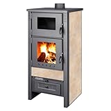 ProTermo Taurus Creme Kaminofen mit Backfach – 12kW Heizleistung - Holzofen mit Schamottstein Energieeffizienzklasse A 52 x 50 x 107cm 2 Sichtfenster