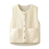 beifon Teddy Fleece Weste Damen Herbst Winter Warm, Ärmellos Fellweste Damen Einfarbig V-Ausschnitt Knöpfen Fleeceweste aus Teddyfell, Fell Weste Kurz Plüschweste Teddyweste Outwear Thermoweste