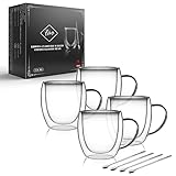 LIBWYS Doppelwandige Kaffeegläser 4x250ml mit Löffel, Cappuccino, Latte Macchiato Gläser, Teetassen Thermo mit Griff, Hitzebeständige Espressotassen Set