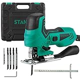 STANEW Stichsäge 650 Watt，5 x Stichsägeblatt, 3000 U/min, Elektro-Stichsäge, Neigungswinkel ±45°, 6 einstellbare Geschwindigkeiten, Werkzeugloser Klingenwechsel, Geeignet Für Holz, Metall, PVC
