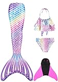 FOLOEO Meerjungfrauenflosse Mädchen Kinder Meerjungfrauenschwanz Zum Schwimmen mit Meerjungfrau Flosse und Bikini Set（4 Stück Set）