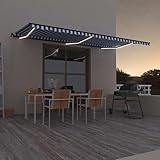 Mokuyary Markise Manuell Einziehbar mit LED 600x300 cm Blau & Weiß, Klemmmarkise mit Handkurbel, Balkonmarkise Sonnenschutz für Balkon Terrasse Garten Veranda