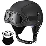 Deutsche Leder Motorrad Halbhelme mit ECE, Vintage Helme mit Schutzbrille, Jethelm Retro, Chopper Helm, Scooter-Helm, Fahrradhelm, mit Sonnenblende und Herausnehmbares Innenfutter