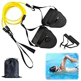 Riisoyu 2in1 Zugseil Schwimmen, Zugseil Schwimmtrainer mit Widerstandsband und Paddles Latex-Zugseil mit Handpaddles für Kinder Armzug-Training Krafttraining Triathleten