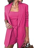 Sexy Bussiness Outfits für Damen, 3-teilig, offener Knopf, vorne + bauchfreies Oberteil + Shorts mit Gürtel, rose, XX-Large