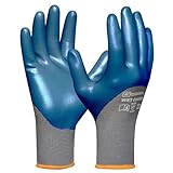 Gebol Wet Guard blau | Größe M (Gr 8) | Arbeitshandschuh mit öl- und wasserfester Nitril Beschichtung | griffsichere Polyester Schutzhandschuhe | für Damen und Herren | grau, blau | 1 Paar