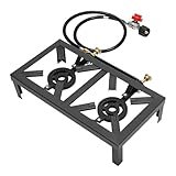 Gaskocher Camping Hockerkocher Zweiflammig 8KW (2x 4000W) – Gusseisen Herd mit Druckregler 0-10PSI & 1.2m Schlauch, robust & tragbar für Outdoor, Garten, Picknick, Angeln (48x25cm, Schwarz)