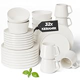 MIAMIO – Geschirrset 8 Personen / 32-teiliges Steingut Modern/Tafelservice – Spülmaschinen- und Mikrowellenfest - Luxe Kollektion (Weiß, Geschirrset (32x))