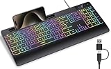 seenda KOE200 Kabelgebundene Tastatur beleuchtet, ergonomische Tastatur mit Handyhalter und Handballenauflage für PC/Tablet/Smarthandy/Windows/Mac, USB & Typ C Kabel, leise Klicken - QWERTZ Layout