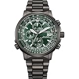 Citizen AT8304-57W Funkuhr für Herren, Eco-Drive H800, Funkuhr, Edelstahl, grau, Chronograph, grünes Zifferblatt, 20 ATM