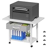 OYRREU Druckertisch mit Rollen, 56x38cm Mobiler Druckerständer Schreibtisch mit Stoffschublade, Home Office Druckerhalter Büro Druckerwagen Drucker Regal, Printer Stand, Weiß