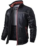 FLAVOR Herren Echtes Leder Lederjacke Stehkragen Jacken (L, Schwarz)