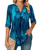 Siddhe Bluse Damen 3/4 Arm, Tunika Top Elegant Lang Schicke Longbluse Oberteile für Festliche Frühling Sommer Shirtblusen Tunikashirt Lange Shirt, Pfauenblau L