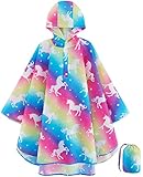 WAWSAM Mädchen Regenmantel Leichter Kinder Regenjacke Wasserdichter Kleinkind Regenponcho mit Kapuze Einhorn Regenbekleidung Kleine Mädchen Outdoor Jacken für Schule Wandern Camping