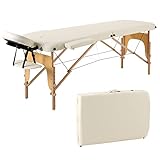 Panana Massageliege 2 Zonen Mobile Massagetisch Klappbar Tragebares Massagebett höhenverstellbar aus Holz Massagebank mit Kopfstütze & Armlehnen & Tasche 213 × 82 x 81 cm (Beige)