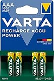 VARTA Batterien AAA, wiederaufladbar, 4 Stück, Recharge Accu Power, Akku, 1000 mAh Ni-MH, ohne Memory Effekt, vorgeladen, sofort einsatzbereit