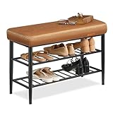 VASAGLE EKHO Kollektion - Schuhbank, Sitzbank, Sitztruhe, Eingangsbereich, Kunstleder, Nähte, Mid-Century-Modern-Stil, modern, bis 135 kg belastbar, 30 x 80 x 50 cm, karamellbraun LSB054K01