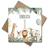 WBdesignz 1. Geburtstag Karte „Endlich 1“ mit Umschlag - süße Safari-Tier-Geburtstagskarte - mit Giraffe, Löwen & Elefanten für Mädchen & Jungen - Glückwunschkarte zum ersten Geburtstag (125 x 125 mm)