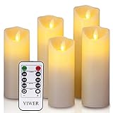 YIWER LED Kerzen,Flammenlose Kerzen 12/15/17/20/22CM Set aus 5 Echtwachs mit realistischen tanzenden LED Flammen und 10-Tasten Fernbedienung mit 2/4/6/8-Stunden Timer,300+ Stunden (Elfenbein, 5×1)