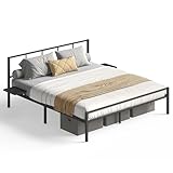 VASAGLE Doppelbettgestell, Bett, 160 x 200 cm, Metallbett, Bettrahmen, mit Kopfteil, modern, mit Aufbewahrungsregalen, Gästebett, für Teenager, Mattschwarz RMB195B01
