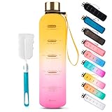 1L Trinkflasche, BPA Frei Wasserflasche, Sportflasche aus Tritan, Auslaufsichere Water Bottle mit Motivierender Zeitmarkierung, Trinkerinnerung für Sport, Fitness, Fahrrad, Outdoor - Gelb/Rosa