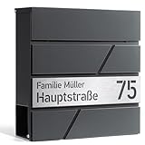 Design Anthrazit Briefkasten mit Hausnummer & Ihre Namen Gravur Personalisiert, Wandbriefkasten mit Extra Zeitungsfach, Groß 37x37x11cm, Rostfrei und UV-beständig Verzinkter Stahl, Silber